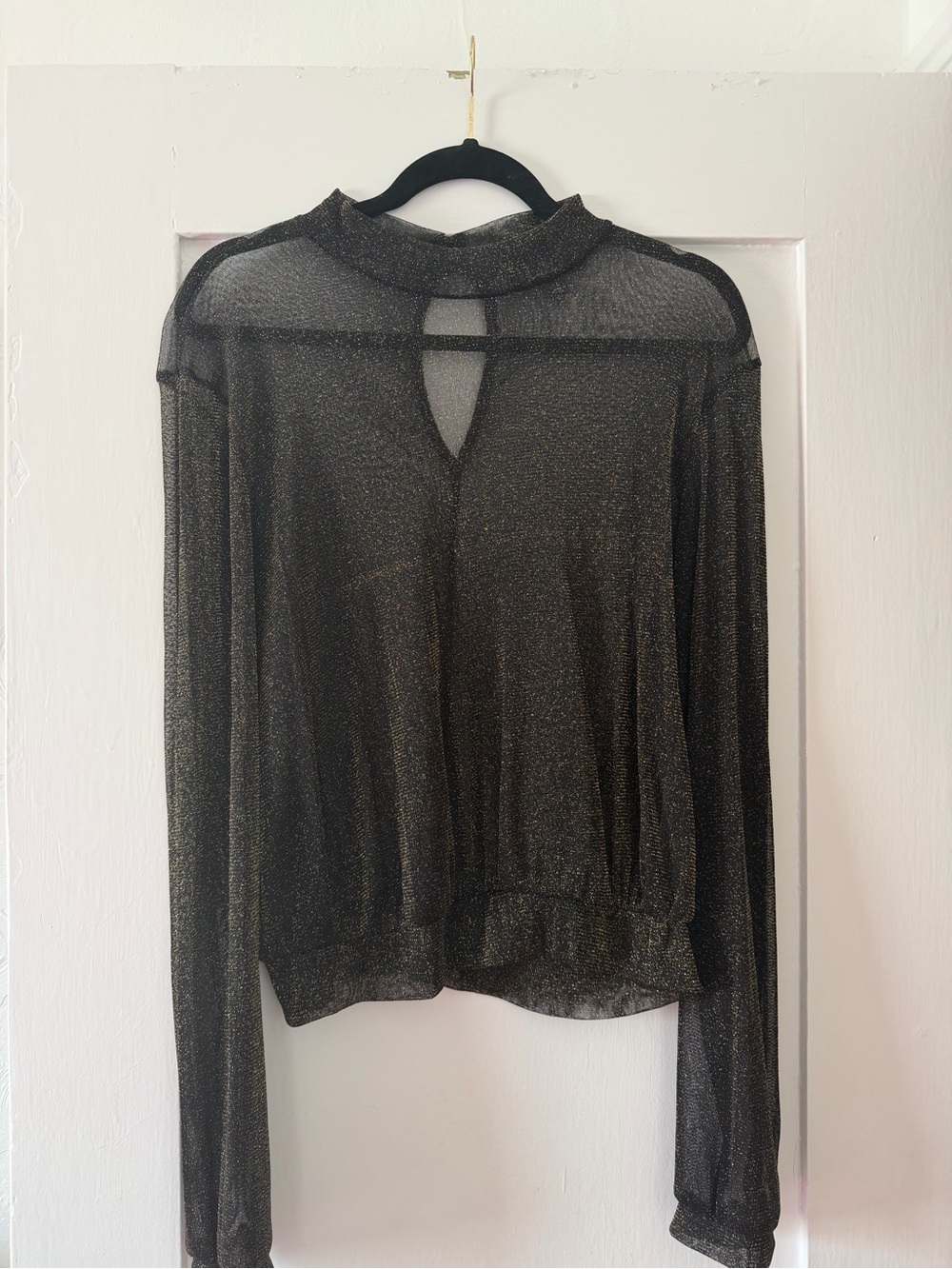 Lulu's Metallic Sheer Mock-Neck Long-Sleeve Top in Black with Gold Shimmer